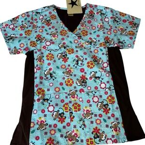 Black Star Women Scrub Top XS Blue Monkey Floral Print Chocolate Brown Trim 710